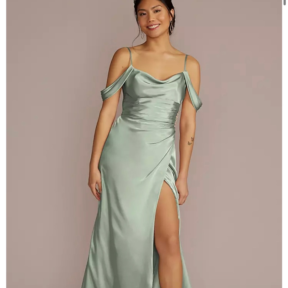 David's Bridal Dusty Sage Green Off-Shoulder Satin Dress